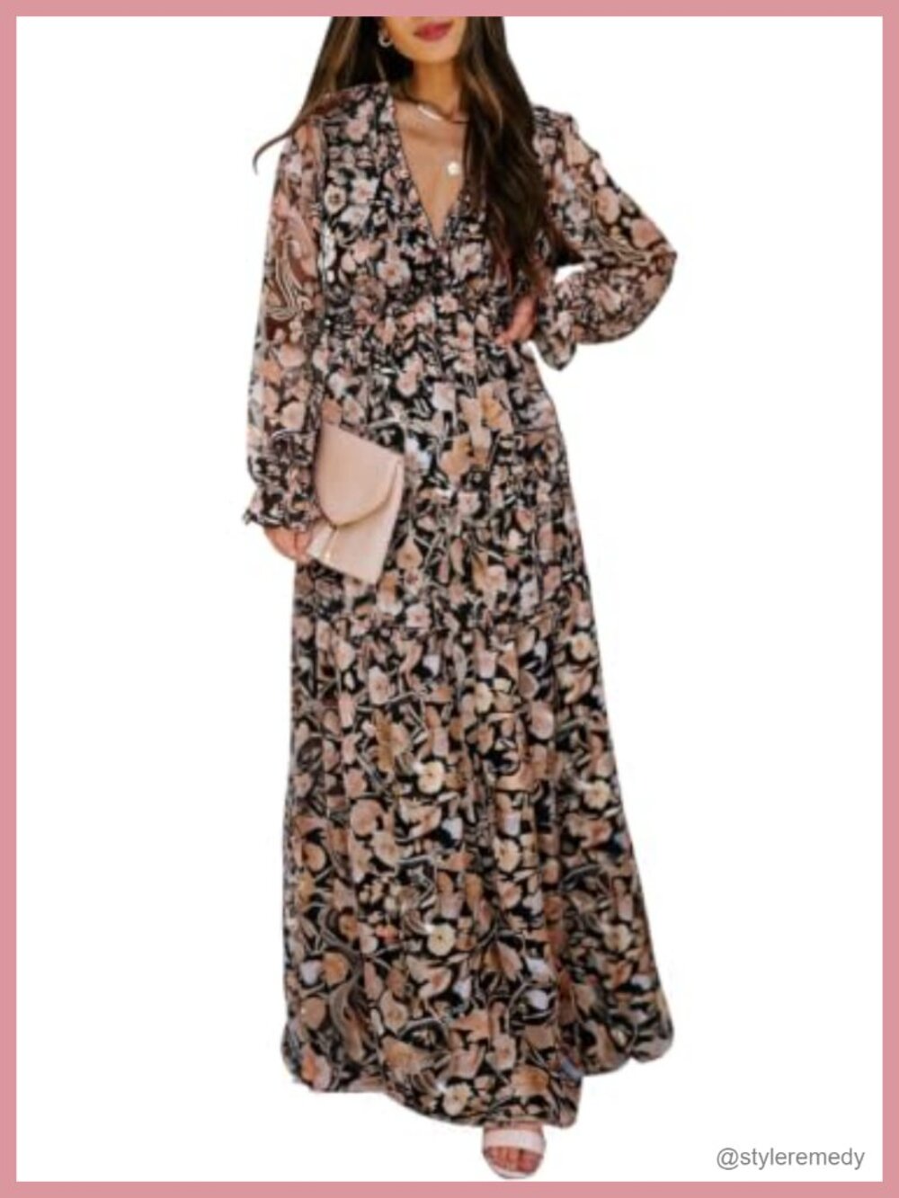 Women's Boho Floral Deep V Neck Long Sleeve Maxi Dress Beach Wedding